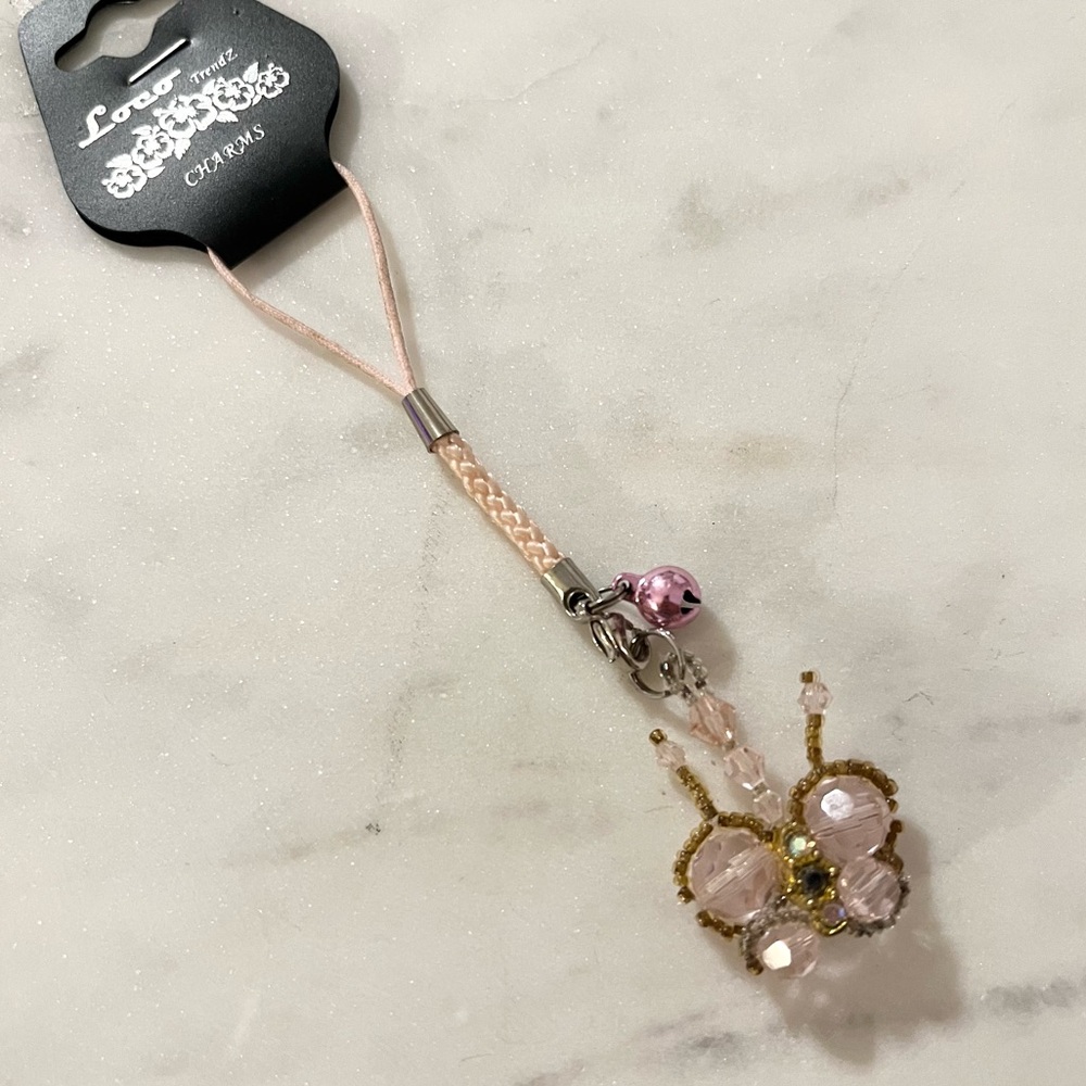 Pink Beaded Rhinestone Butterfly Bag Purse Keychain Charm